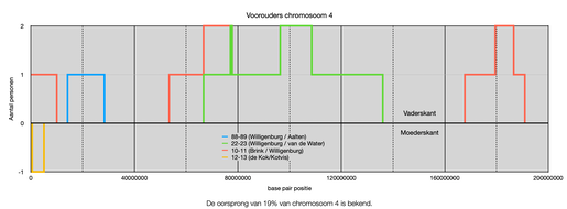 Een grafiek met een horizontale as de positie op chromosoom 4, van 0 tot de lengte van het chromosoom. Op de verikale as twee gedeeltes: Boven de nul de vaderskant en onder de nul de moederskant. De verikale as geeft aan geeft het aantal personen aan met wie een overeenkomst is gevonden. Er staan zes overeenkomsten aangegeven op verschillende plaatsen op de chromosoom, waarvan éen an de moederskant. De zes overeekomsten komen van vier verschillende voorouders. De overeenkomsten beslaan slechts 19% van het chromossom.